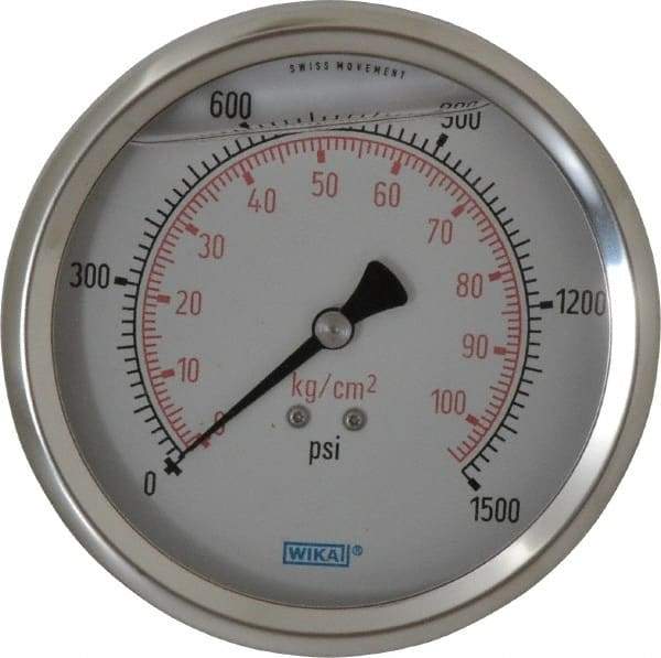 Wika - 4" Dial, 1/4 Thread, 0-1,500 Scale Range, Pressure Gauge - Lower Back Connection Mount, Accurate to 1% of Scale - Industrial Tool & Supply