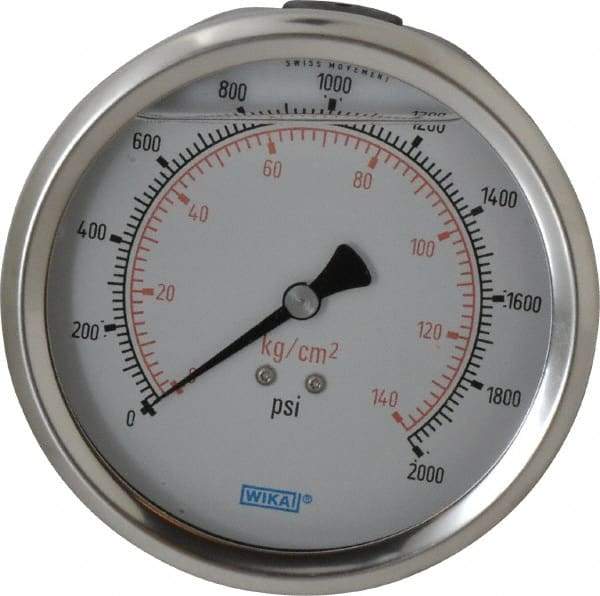 Wika - 4" Dial, 1/4 Thread, 0-2,000 Scale Range, Pressure Gauge - Lower Back Connection Mount, Accurate to 1% of Scale - Industrial Tool & Supply