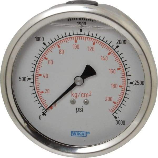 Wika - 4" Dial, 1/4 Thread, 0-3,000 Scale Range, Pressure Gauge - Lower Back Connection Mount, Accurate to 1% of Scale - Industrial Tool & Supply