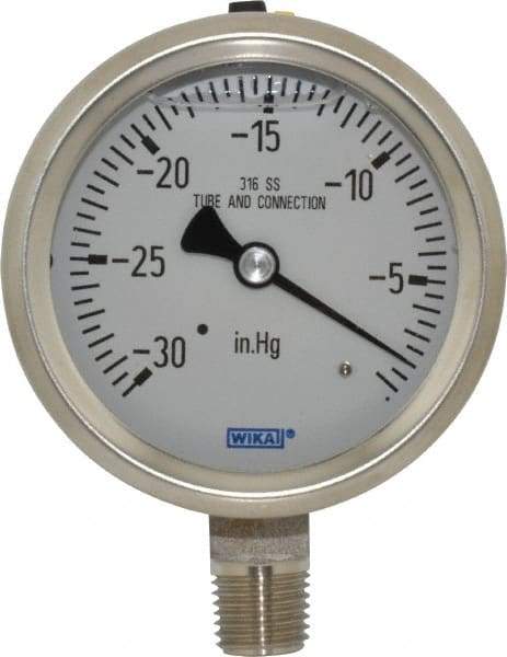 Wika - 2-1/2" Dial, 1/4 Thread, 30-0 Scale Range, Pressure Gauge - Lower Connection Mount, Accurate to 1.5% of Scale - Industrial Tool & Supply