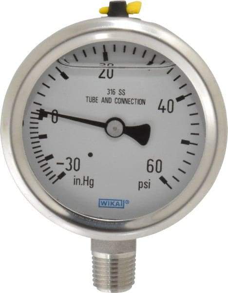 Wika - 2-1/2" Dial, 1/4 Thread, 30-0-60 Scale Range, Pressure Gauge - Lower Connection Mount, Accurate to 1.5% of Scale - Industrial Tool & Supply