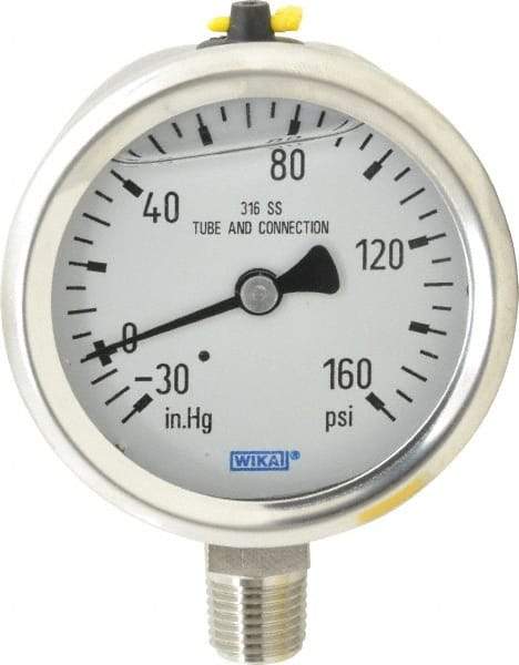 Wika - 2-1/2" Dial, 1/4 Thread, 30-0-160 Scale Range, Pressure Gauge - Lower Connection Mount, Accurate to 1.5% of Scale - Industrial Tool & Supply