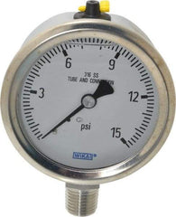 Wika - 2-1/2" Dial, 1/4 Thread, 0-15 Scale Range, Pressure Gauge - Lower Connection Mount, Accurate to 1.5% of Scale - Industrial Tool & Supply