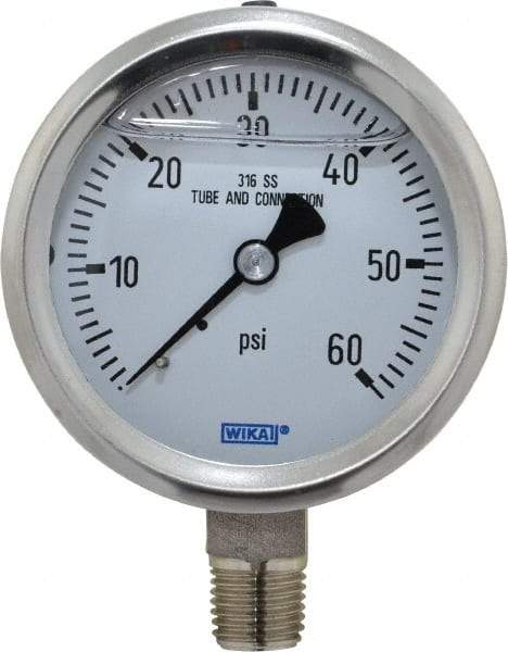 Wika - 2-1/2" Dial, 1/4 Thread, 0-60 Scale Range, Pressure Gauge - Lower Connection Mount, Accurate to 1.5% of Scale - Industrial Tool & Supply