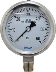 Wika - 2-1/2" Dial, 1/4 Thread, 0-60 Scale Range, Pressure Gauge - Lower Connection Mount, Accurate to 1.5% of Scale - Industrial Tool & Supply