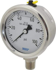 Wika - 2-1/2" Dial, 1/4 Thread, 0-100 Scale Range, Pressure Gauge - Lower Connection Mount, Accurate to 1.5% of Scale - Industrial Tool & Supply