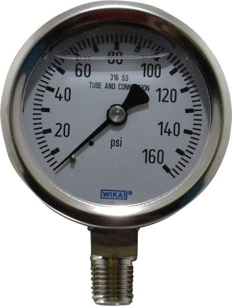 Wika - 2-1/2" Dial, 1/4 Thread, 0-160 Scale Range, Pressure Gauge - Lower Connection Mount, Accurate to 1.5% of Scale - Industrial Tool & Supply