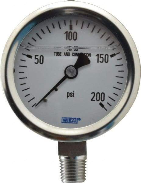 Wika - 2-1/2" Dial, 1/4 Thread, 0-200 Scale Range, Pressure Gauge - Lower Connection Mount, Accurate to 1.5% of Scale - Industrial Tool & Supply