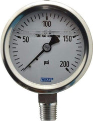 Wika - 2-1/2" Dial, 1/4 Thread, 0-200 Scale Range, Pressure Gauge - Lower Connection Mount, Accurate to 1.5% of Scale - Industrial Tool & Supply