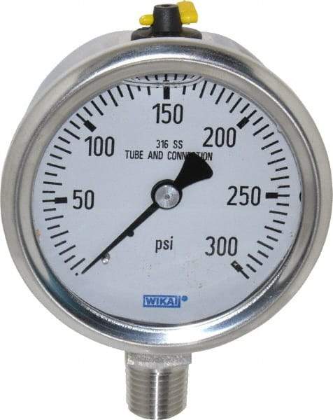 Wika - 2-1/2" Dial, 1/4 Thread, 0-300 Scale Range, Pressure Gauge - Lower Connection Mount, Accurate to 1.5% of Scale - Industrial Tool & Supply