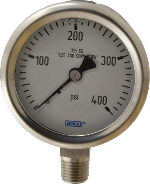 Wika - 2-1/2" Dial, 1/4 Thread, 0-400 Scale Range, Pressure Gauge - Lower Connection Mount, Accurate to 1.5% of Scale - Industrial Tool & Supply