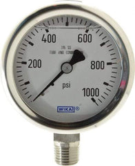Wika - 2-1/2" Dial, 1/4 Thread, 0-1,000 Scale Range, Pressure Gauge - Lower Connection Mount, Accurate to 1.5% of Scale - Industrial Tool & Supply