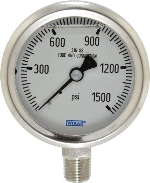 Wika - 2-1/2" Dial, 1/4 Thread, 0-1,500 Scale Range, Pressure Gauge - Lower Connection Mount, Accurate to 1.5% of Scale - Industrial Tool & Supply