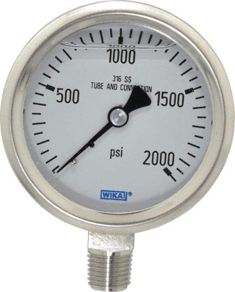 Wika - 2-1/2" Dial, 1/4 Thread, 0-2,000 Scale Range, Pressure Gauge - Lower Connection Mount, Accurate to 1.5% of Scale - Industrial Tool & Supply