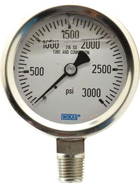 Wika - 2-1/2" Dial, 1/4 Thread, 0-3,000 Scale Range, Pressure Gauge - Lower Connection Mount, Accurate to 1.5% of Scale - Industrial Tool & Supply