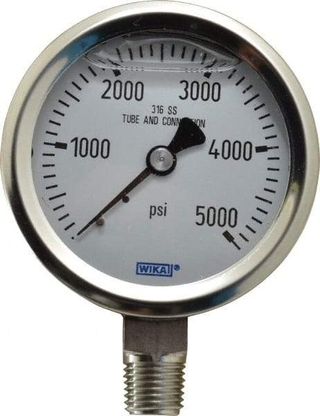 Wika - 2-1/2" Dial, 1/4 Thread, 0-5,000 Scale Range, Pressure Gauge - Lower Connection Mount, Accurate to 1.5% of Scale - Industrial Tool & Supply