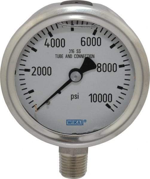 Wika - 2-1/2" Dial, 1/4 Thread, 0-10,000 Scale Range, Pressure Gauge - Lower Connection Mount, Accurate to 1.5% of Scale - Industrial Tool & Supply