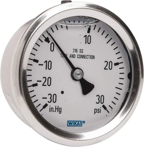 Wika - 2-1/2" Dial, 1/4 Thread, 30-0-30 Scale Range, Pressure Gauge - Center Back Connection Mount, Accurate to 1.5% of Scale - Industrial Tool & Supply