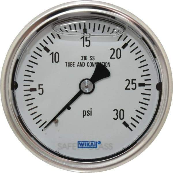 Wika - 2-1/2" Dial, 1/4 Thread, 0-30 Scale Range, Pressure Gauge - Center Back Connection Mount, Accurate to 1.5% of Scale - Industrial Tool & Supply