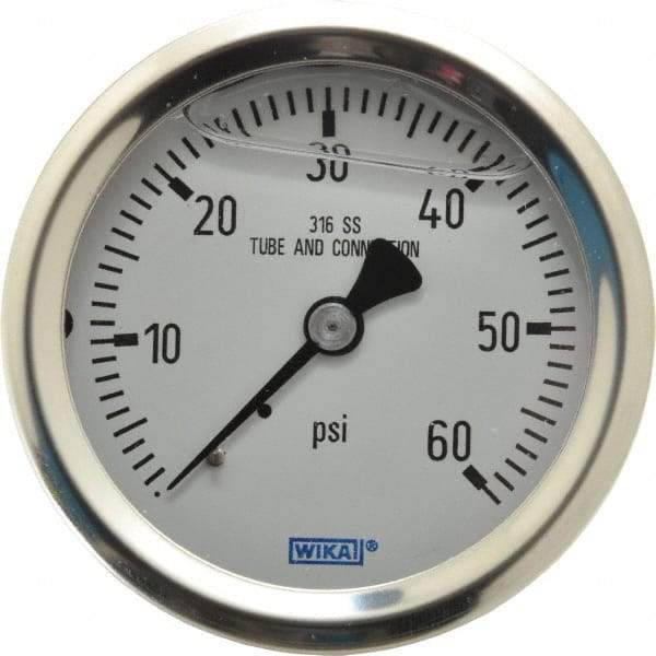 Wika - 2-1/2" Dial, 1/4 Thread, 0-60 Scale Range, Pressure Gauge - Center Back Connection Mount, Accurate to 1.5% of Scale - Industrial Tool & Supply