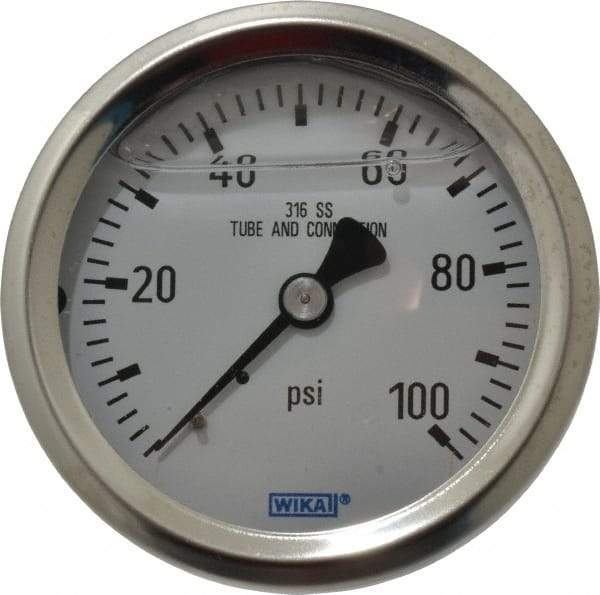 Wika - 2-1/2" Dial, 1/4 Thread, 0-100 Scale Range, Pressure Gauge - Center Back Connection Mount, Accurate to 1.5% of Scale - Industrial Tool & Supply