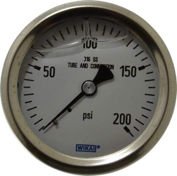 Wika - 2-1/2" Dial, 1/4 Thread, 0-200 Scale Range, Pressure Gauge - Center Back Connection Mount, Accurate to 1.5% of Scale - Industrial Tool & Supply