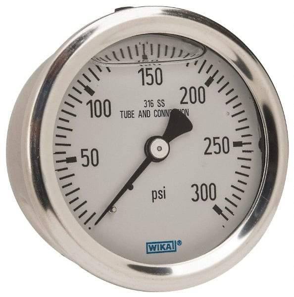 Wika - 2-1/2" Dial, 1/4 Thread, 0-300 Scale Range, Pressure Gauge - Center Back Connection Mount, Accurate to 1.5% of Scale - Industrial Tool & Supply