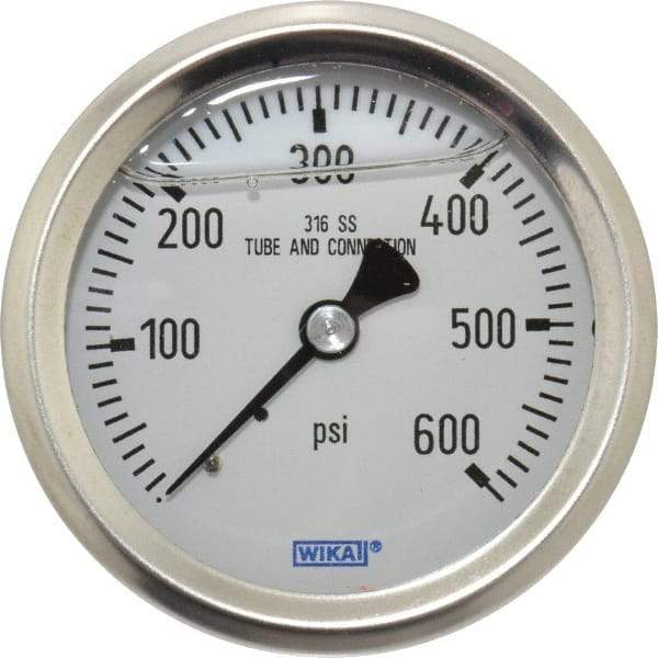 Wika - 2-1/2" Dial, 1/4 Thread, 0-600 Scale Range, Pressure Gauge - Center Back Connection Mount, Accurate to 1.5% of Scale - Industrial Tool & Supply