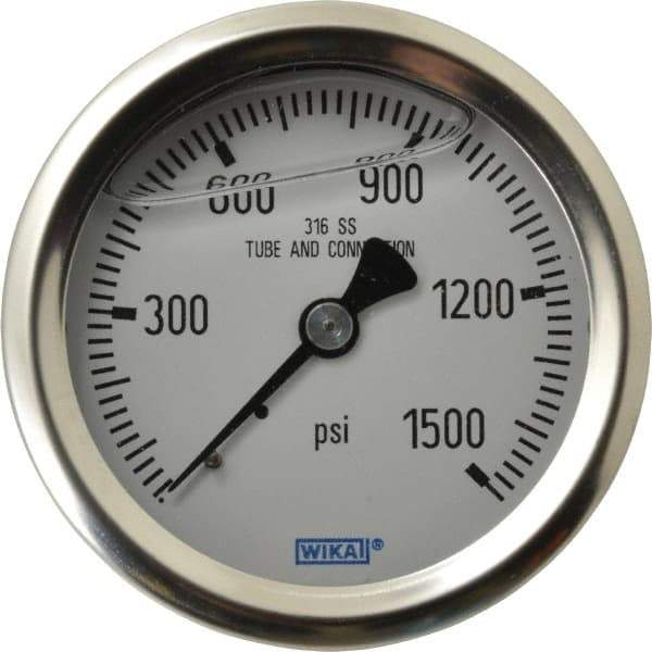 Wika - 2-1/2" Dial, 1/4 Thread, 0-1,500 Scale Range, Pressure Gauge - Center Back Connection Mount, Accurate to 1.5% of Scale - Industrial Tool & Supply