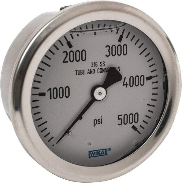 Wika - 2-1/2" Dial, 1/4 Thread, 0-5,000 Scale Range, Pressure Gauge - Center Back Connection Mount, Accurate to 1.5% of Scale - Industrial Tool & Supply