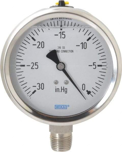 Wika - 4" Dial, 1/2 Thread, 30-0 Scale Range, Pressure Gauge - Lower Connection Mount, Accurate to 1% of Scale - Industrial Tool & Supply