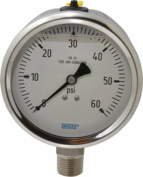 Wika - 4" Dial, 1/2 Thread, 0-60 Scale Range, Pressure Gauge - Lower Connection Mount, Accurate to 1% of Scale - Industrial Tool & Supply