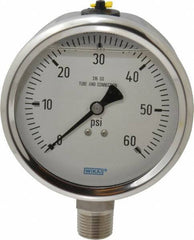 Wika - 4" Dial, 1/2 Thread, 0-60 Scale Range, Pressure Gauge - Lower Connection Mount, Accurate to 1% of Scale - Industrial Tool & Supply