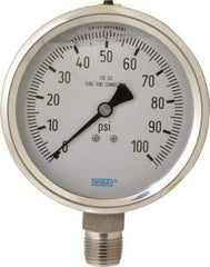 Wika - 4" Dial, 1/2 Thread, 0-100 Scale Range, Pressure Gauge - Lower Connection Mount, Accurate to 1% of Scale - Industrial Tool & Supply