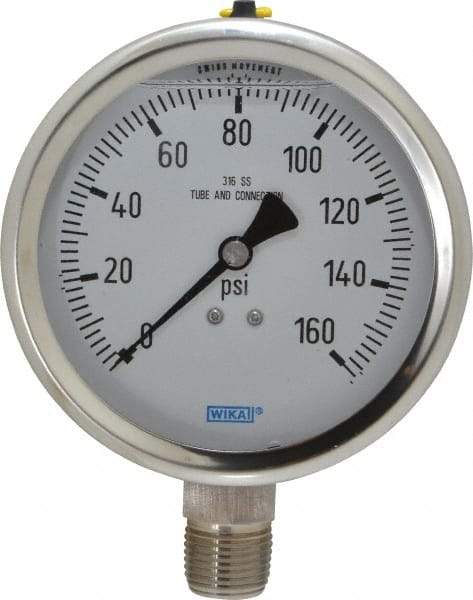 Wika - 4" Dial, 1/2 Thread, 0-160 Scale Range, Pressure Gauge - Lower Connection Mount, Accurate to 1% of Scale - Industrial Tool & Supply