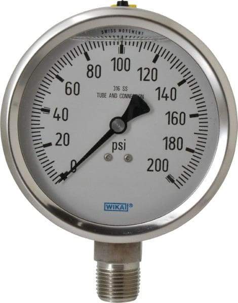 Wika - 4" Dial, 1/2 Thread, 0-200 Scale Range, Pressure Gauge - Lower Connection Mount, Accurate to 1% of Scale - Industrial Tool & Supply