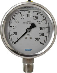 Wika - 4" Dial, 1/2 Thread, 0-200 Scale Range, Pressure Gauge - Lower Connection Mount, Accurate to 1% of Scale - Industrial Tool & Supply