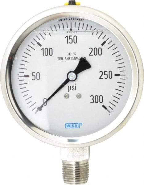 Wika - 4" Dial, 1/2 Thread, 0-300 Scale Range, Pressure Gauge - Lower Connection Mount, Accurate to 1% of Scale - Industrial Tool & Supply