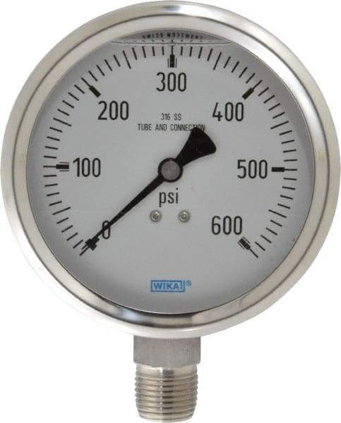 Wika - 4" Dial, 1/2 Thread, 0-600 Scale Range, Pressure Gauge - Lower Connection Mount, Accurate to 1% of Scale - Industrial Tool & Supply