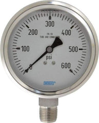 Wika - 4" Dial, 1/2 Thread, 0-600 Scale Range, Pressure Gauge - Lower Connection Mount, Accurate to 1% of Scale - Industrial Tool & Supply