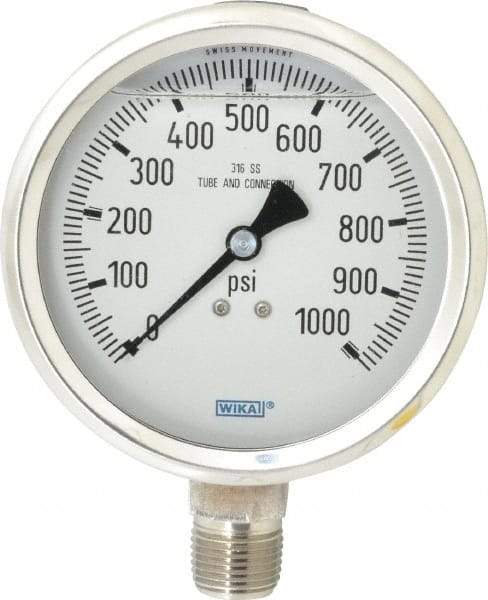 Wika - 4" Dial, 1/2 Thread, 0-1,000 Scale Range, Pressure Gauge - Lower Connection Mount, Accurate to 1% of Scale - Industrial Tool & Supply