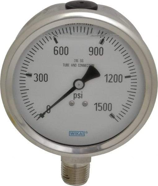 Wika - 4" Dial, 1/2 Thread, 0-1,500 Scale Range, Pressure Gauge - Lower Connection Mount, Accurate to 1% of Scale - Industrial Tool & Supply