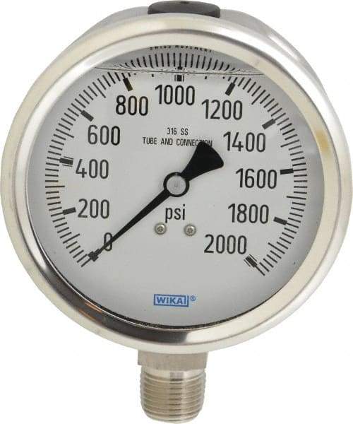 Wika - 4" Dial, 1/2 Thread, 0-2,000 Scale Range, Pressure Gauge - Lower Connection Mount, Accurate to 1% of Scale - Industrial Tool & Supply