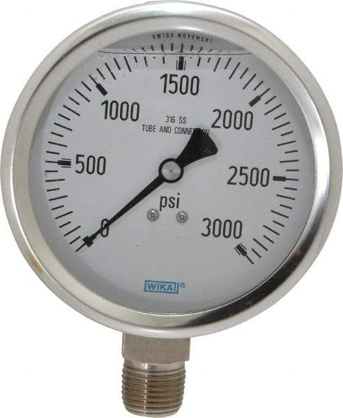 Wika - 4" Dial, 1/2 Thread, 0-3,000 Scale Range, Pressure Gauge - Lower Connection Mount, Accurate to 1% of Scale - Industrial Tool & Supply
