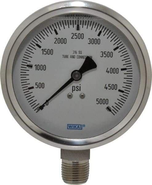 Wika - 4" Dial, 1/2 Thread, 0-5,000 Scale Range, Pressure Gauge - Lower Connection Mount, Accurate to 1% of Scale - Industrial Tool & Supply