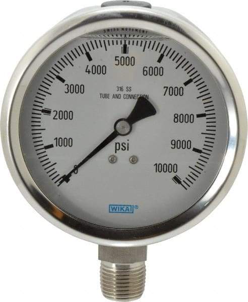 Wika - 4" Dial, 1/2 Thread, 0-10,000 Scale Range, Pressure Gauge - Lower Connection Mount, Accurate to 1% of Scale - Industrial Tool & Supply