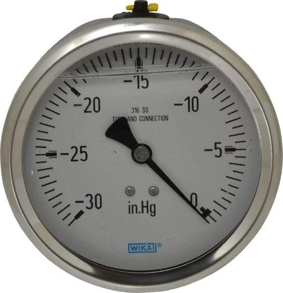 Wika - 4" Dial, 1/2 Thread, 30-0 Scale Range, Pressure Gauge - Lower Back Connection Mount, Accurate to 1% of Scale - Industrial Tool & Supply