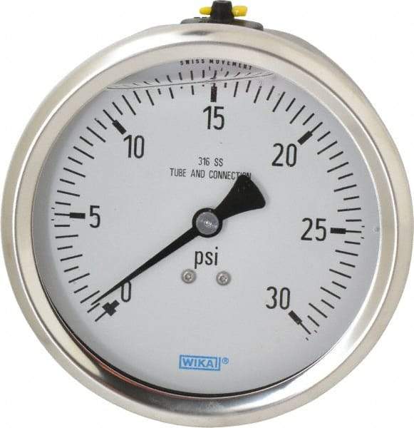 Wika - 4" Dial, 1/2 Thread, 0-30 Scale Range, Pressure Gauge - Lower Back Connection Mount, Accurate to 1% of Scale - Industrial Tool & Supply