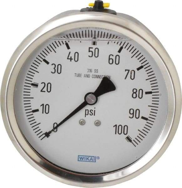 Wika - 4" Dial, 1/2 Thread, 0-100 Scale Range, Pressure Gauge - Lower Back Connection Mount, Accurate to 1% of Scale - Industrial Tool & Supply
