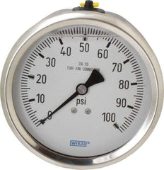Wika - 4" Dial, 1/2 Thread, 0-100 Scale Range, Pressure Gauge - Lower Back Connection Mount, Accurate to 1% of Scale - Industrial Tool & Supply